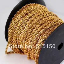 High Quality 100 meters lot Fashion 18K Gold plated Stainless Steel 4mm rope chain jewelry finding