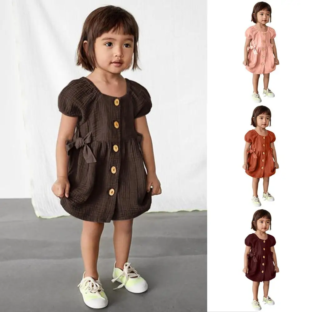 

Baby Girl Dress Cotton and linen Comfortable Infant Baby Girls Short Sleeve Solid Print Button Princess Dress Clothes 2019 New