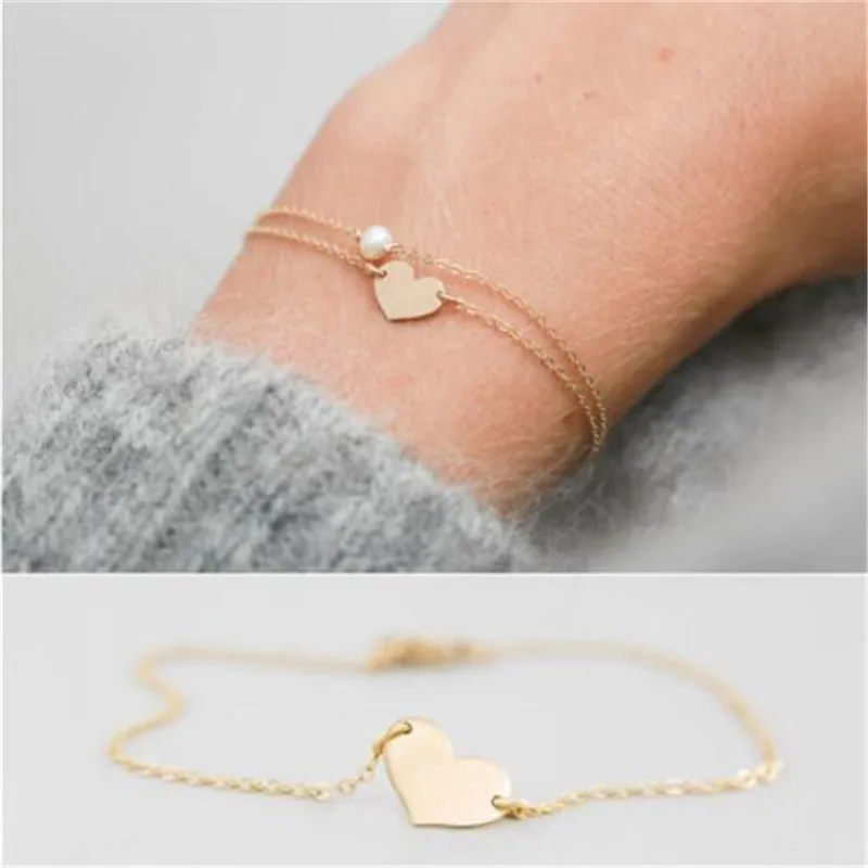

WKOUD 2pcs/set 2019 New Minimalsm Slim Gold Chain Heart Pearl Charm Bracelets For Lady Women Cute Romantic Bracelets Set Jewelry