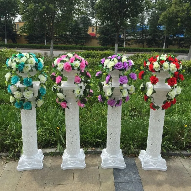 

98 cm Height Hollow white Plastic Roman Column with Decorative flower for Wedding Welcome Area Decoration Photo Booth Props