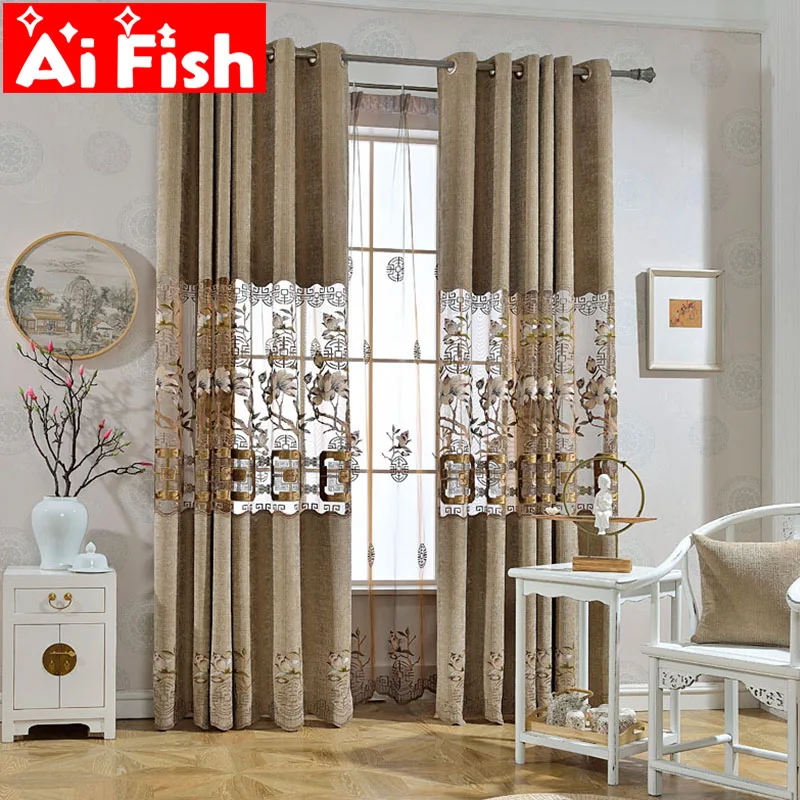 

Modern Classic Retro Chinese Style Hollow Semi-shade Curtains For Living Room Coffee Embroidered Elegant Tulle Drapes DF035-30