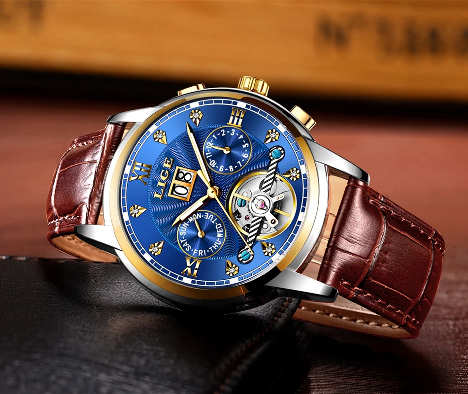 Marca lige masculino relógio automático mecânico tourbillon