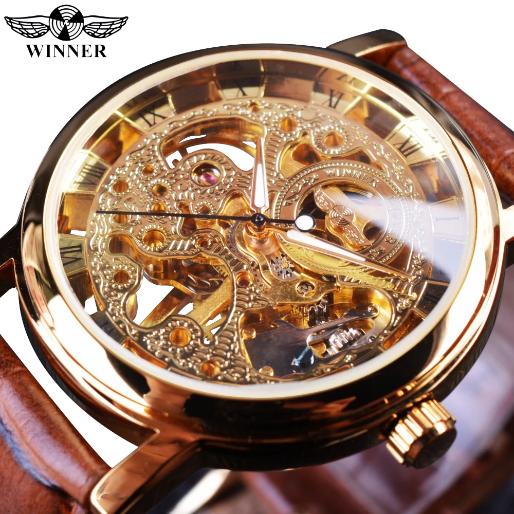 Top Brand WINNER Transparent Golden Case Luxury Casual Design Brown Leather Strap Mens Watches Mechanical Skeleton Watch | Наручные часы