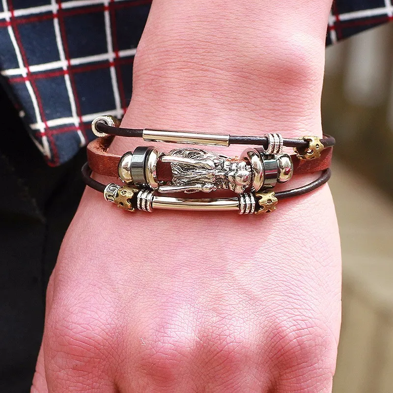 bracelet men Accessoires homme 2016 Tibetan silver men leather bracelet fashion male vintage parataxis dragon Multilayer jewelry 42