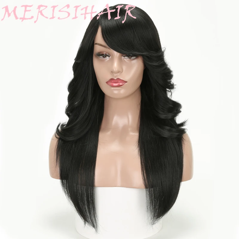 MERISI HAIR Black Color Long Straight With Bangs Hairstyle Curly And Straight Hair Mix Synthetic Wigs Black Women Heat Resistant (5)
