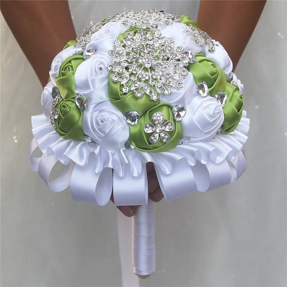 Прочный роскошные трава зеленая белый Шелковый цветок букет Павлин алмазы цветок брошь свадебные букеты могут быть настроены W2797