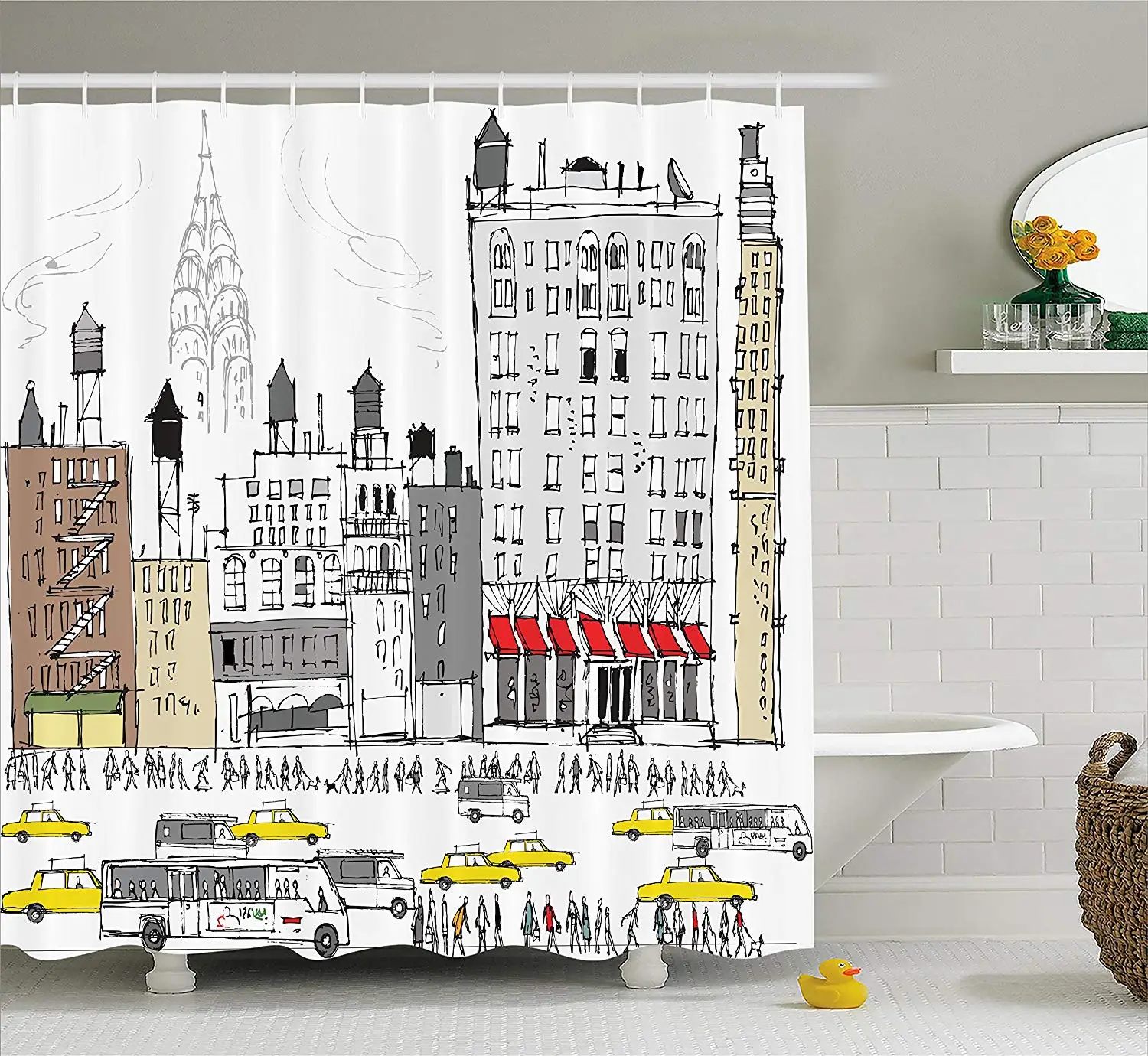 

Hippie Boho Americana Shower Curtain Busy City Traffic Jam Yellow Taxi Cab Urban Cartoon Design Modern Style Art Prints
