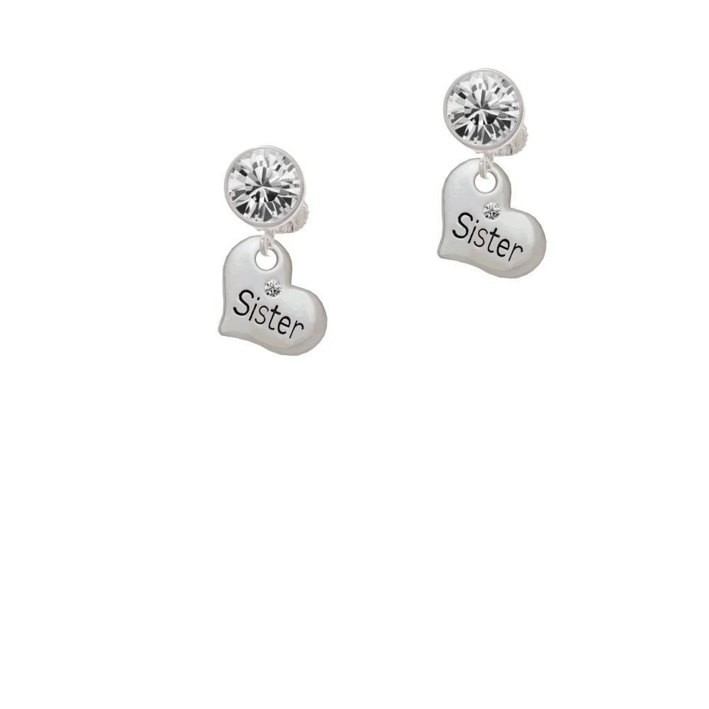 Small ''Sister'' Heart with Clear Crystal Crystal Clip On Earrings (1)