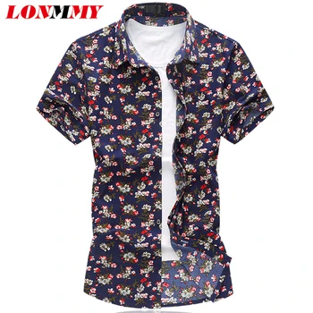 

LONMMY M-6XL 2018 Summer mens dress shirts blouse silk cotton Fashion Flower camisas casual Floral shirt men Short-sleeved