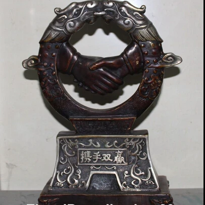 

shitou 003274 11" Old Chinese Bronze Silver Dragon Beast Handclasp collaborate Win Statue discount 30% (C0324)