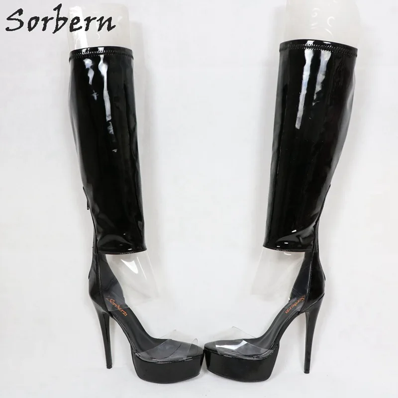 Sorbern/пикантные прозрачные женские сапоги из ПВХ с открытым носком Летние Стильные блестящие черные сапоги до колена дизайнерские сапоги на высоком каблуке под заказ