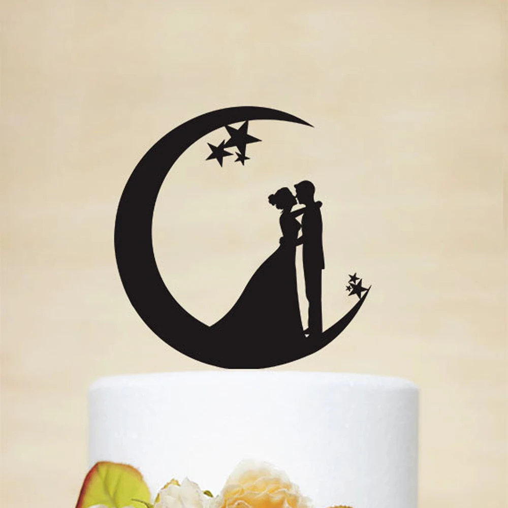 Wedding Moon and Stars Cake Topper,Acrylic wooden silver gold Cake Topper with Bride and Groom Silhouette,Customized Cake Topper