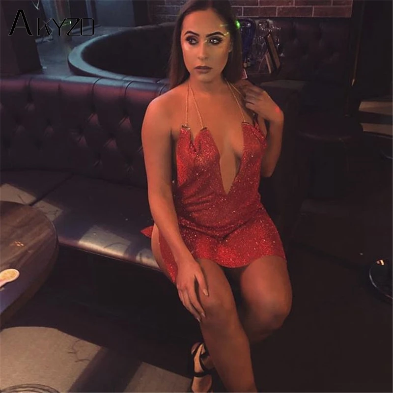 AKYZO Women Expensive Red Rhinestone Mini Dress
