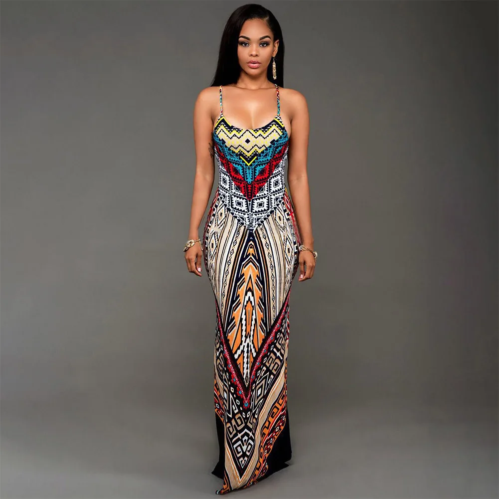 SUNGIFT 2019 женское платье в африканском стиле Дашики с открытой спиной, этнический принт, боковое разрезное длинное платье с открытой спиной