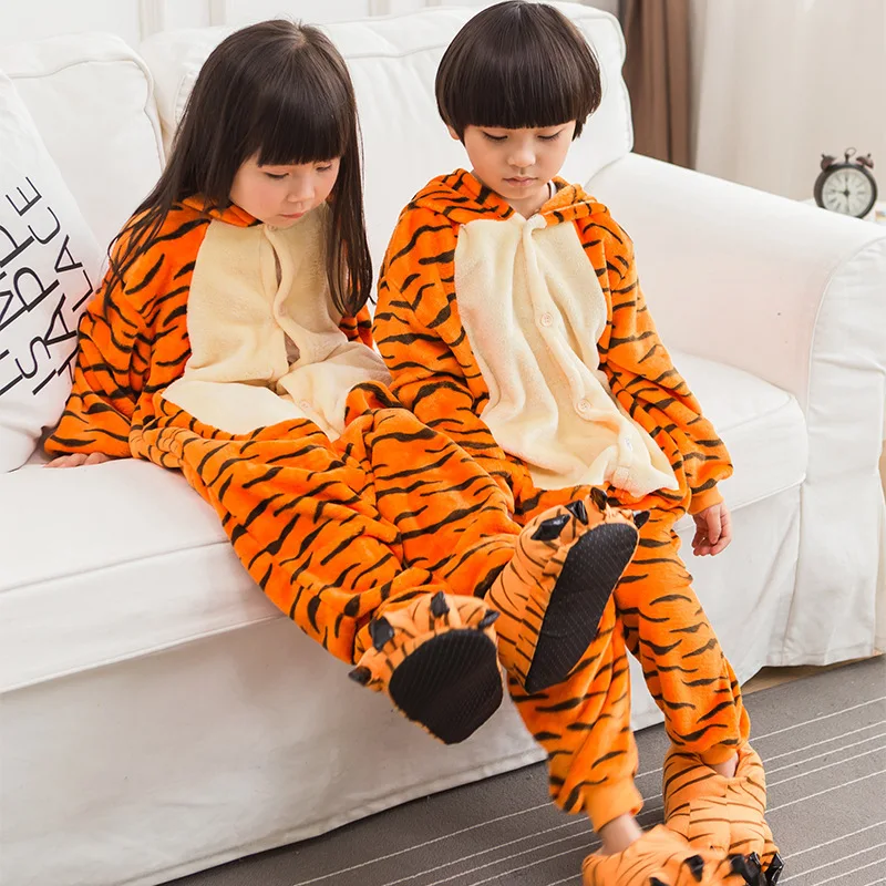 Flannel Kids Tiger Onesies Cartoon Animal Tigger Pajamas Children Nightwear Cosplay Costumes
