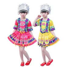 Kids Hmong Chinese Folk dance costumes Girls performance dancing clothing Suits festival Outfits Tops and Skirt Headdress