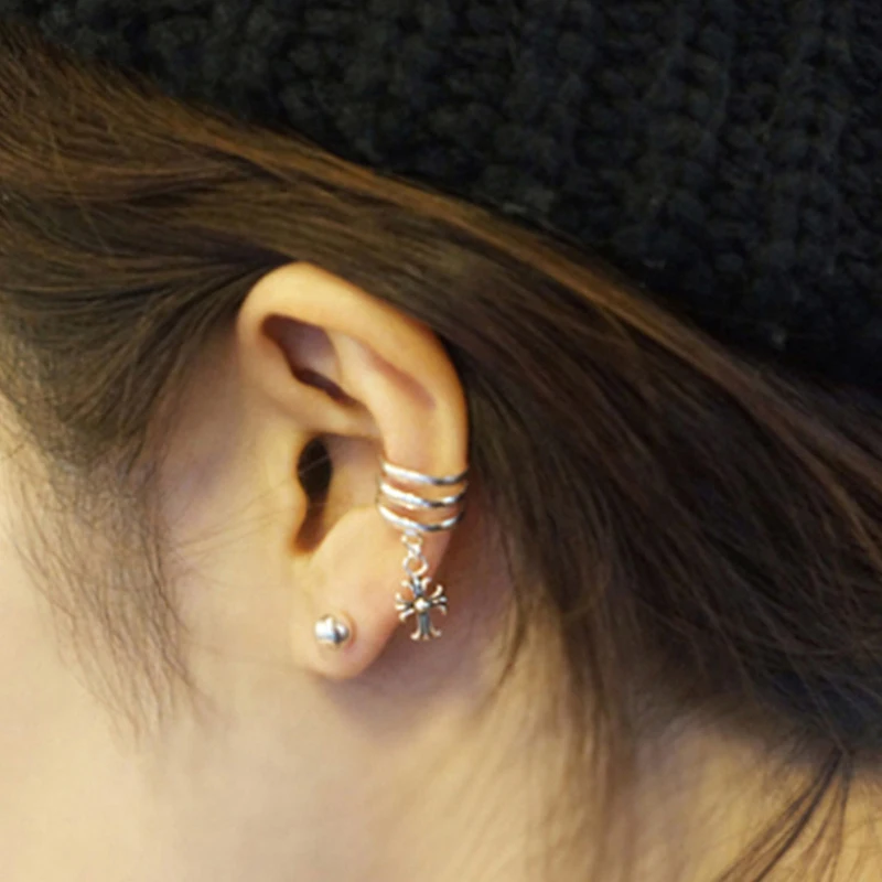 

ROCKART Authentic 925 Sterling Silver Vintage Three Lines Clip Earrings With Crossed Flower For Women Fashion Jewelry