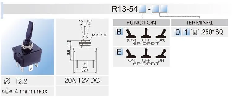 SCI R13-54B 6-контактный мгновенный MON-OFF-MOM самовозвратный DPDT 12 мм автомобильный тумблер DC12V 20A