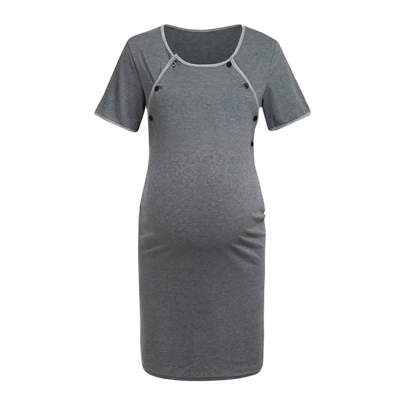 Вискозный спортивный костюм для беременных, кормящих, Повседневное платье с открытой пряжкой, ночная рубашка для беременных, кормящих грудью, элегантное платье - Цвет: Серый