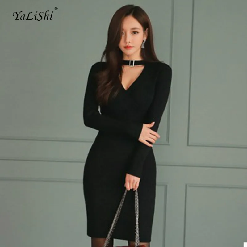 

Solid Pencil Dress Women Black Long Sleeve V-neck Knee-length Sexy Club Knitting Wrap Dress Autumn Casual Work Dresses Vestidos