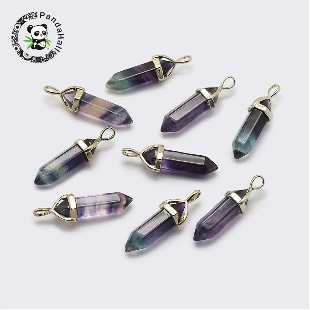 

10pcs Natural Fluorite Bullet Pendants Stone Charms Pendants with Metal color Alloy Hanging Findings 39x10mm, Hole: 3x5mm