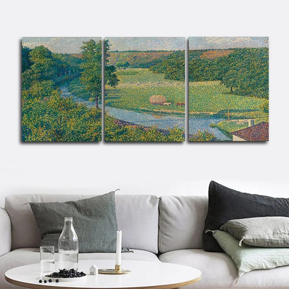 

Laeacco 3 Panel Spring Green Mountain Canvas Calligraphy Painting Outside Wall Artwork Posters and Prints Home Living Room Decor