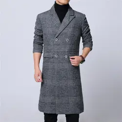 Мужское длинное пальто двубортное подкладка с длинным рукавом M-6XL Прямая поставка Палочки Нагрудные Зимние шерстяные Melton пальто плед серый