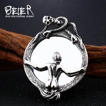 Байер 316L нержавеющая сталь Сексуальная голая женщина кулон череп двойная змея обертывание волшебное зеркало винтажное ожерелье кулон LLBP8-376R