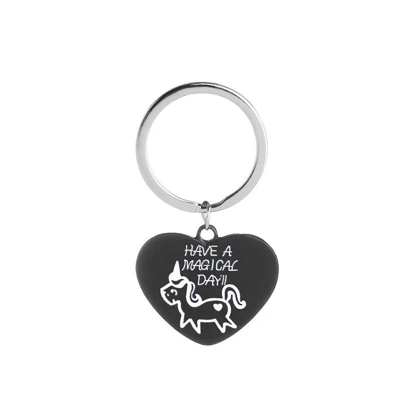 

2019 New Heart-shaped HAVE A MAGICAL DAY Animal Unicorn Keychain Black Alloy Dripping Oil Simple Pendant Keychain Jewelry Gifts