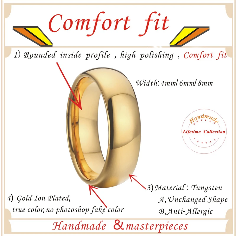 Юбилей Альянс чистый Вольфрам Карбидное кольцо 4/6/8/10 мм золото Цвет мужские Модные украшения Обручальное Кольцо Пара Кольца для женщин