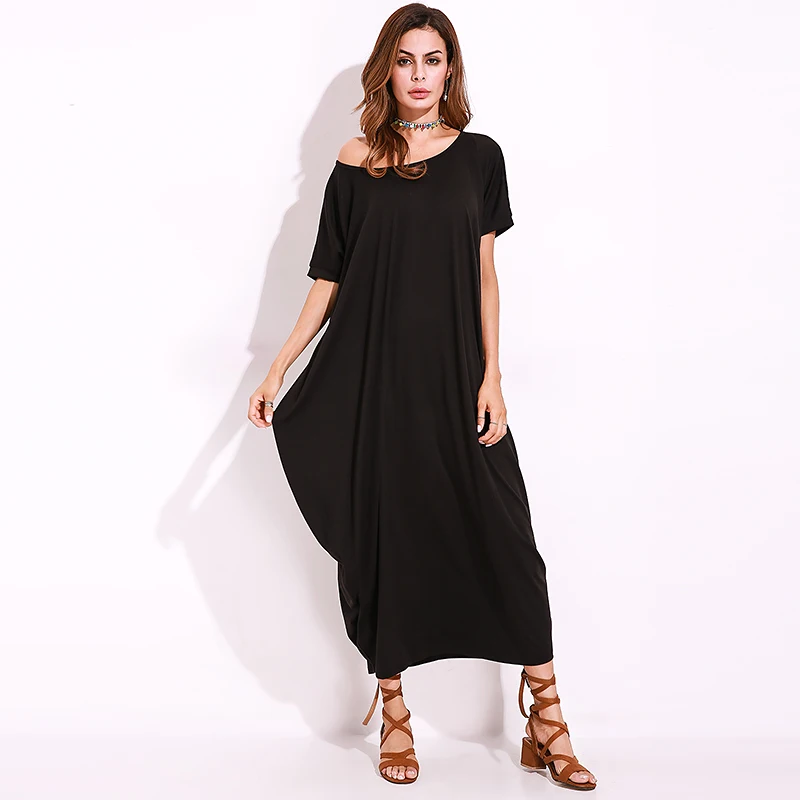 

Women Dresses Oversized Off Shoulder Short Sleeve Solid Vintage Vestidos 2019 Casual Long Shift Maxi Dress Loose Robe S-5XL