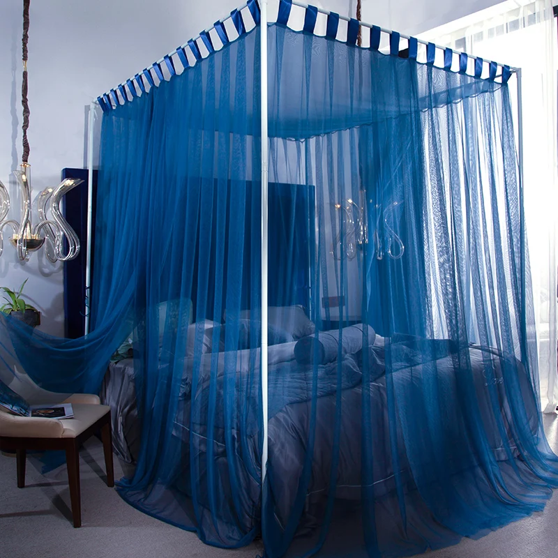 Dark blue Mosquito Net Princess Lace Four Corner Post girls Canopy Bed Mosquito Net contain frame for Queen King Bed