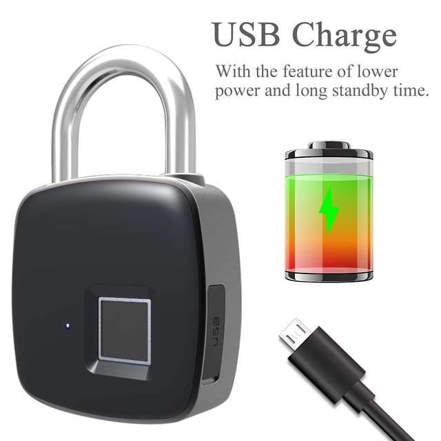 Smart Fingerprint Padlock Biometric USB charge Waterproof Lock with Finger Print Security Touch Keyless Lock Long Standby Time