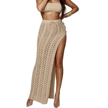 Женская высокая талия Вязание Макси Длинная юбка Сексуальная открытая сторона Сплит Клубная вечеринка юбки Повседневный Асимметричный вязаный пляжный лиф Юбка