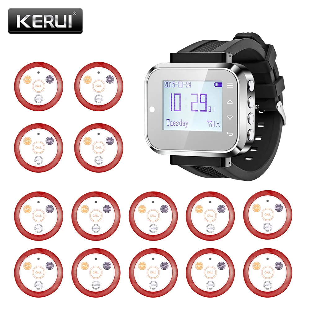 

KERUI Wearable Smart Calling System Pager Watch Wireless Waiter Pager System for Restaurant Bank Call System with 14pcs Buttons