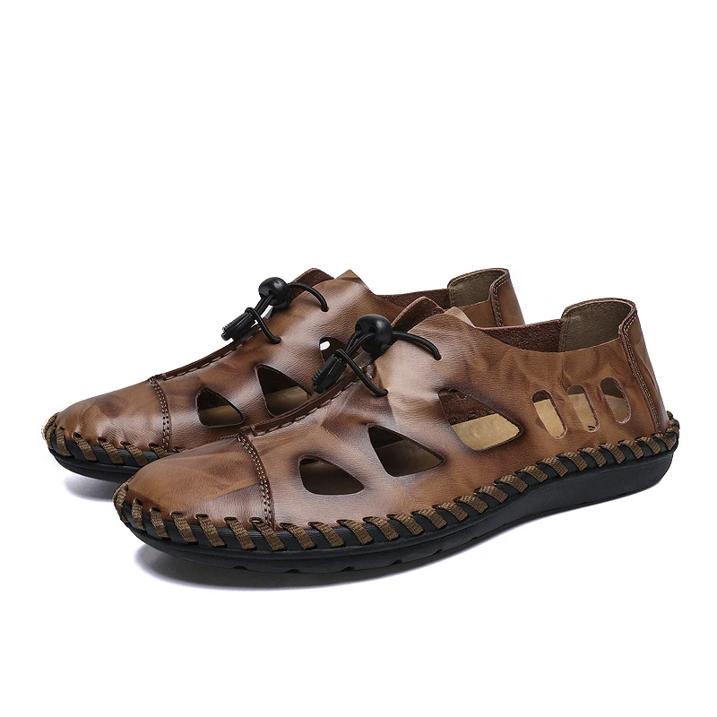 Летние мужские повседневные дышащие кожаные туфли; высокое качество; мужские сандалии на плоской подошве; Zapatillas; Лидер продаж; 48 - Цвет: Brown