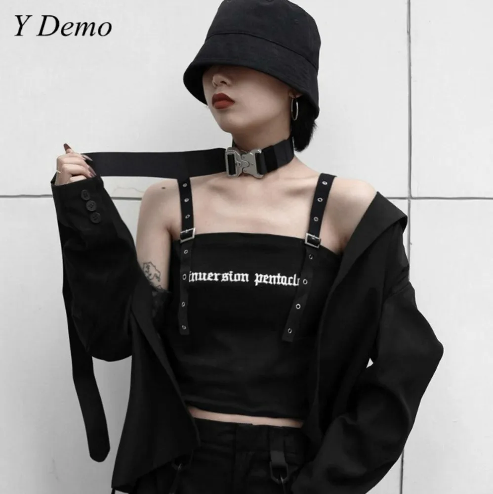 Харадзюку корейские буквы печати сексуальные пряжки Camis готические футболки без