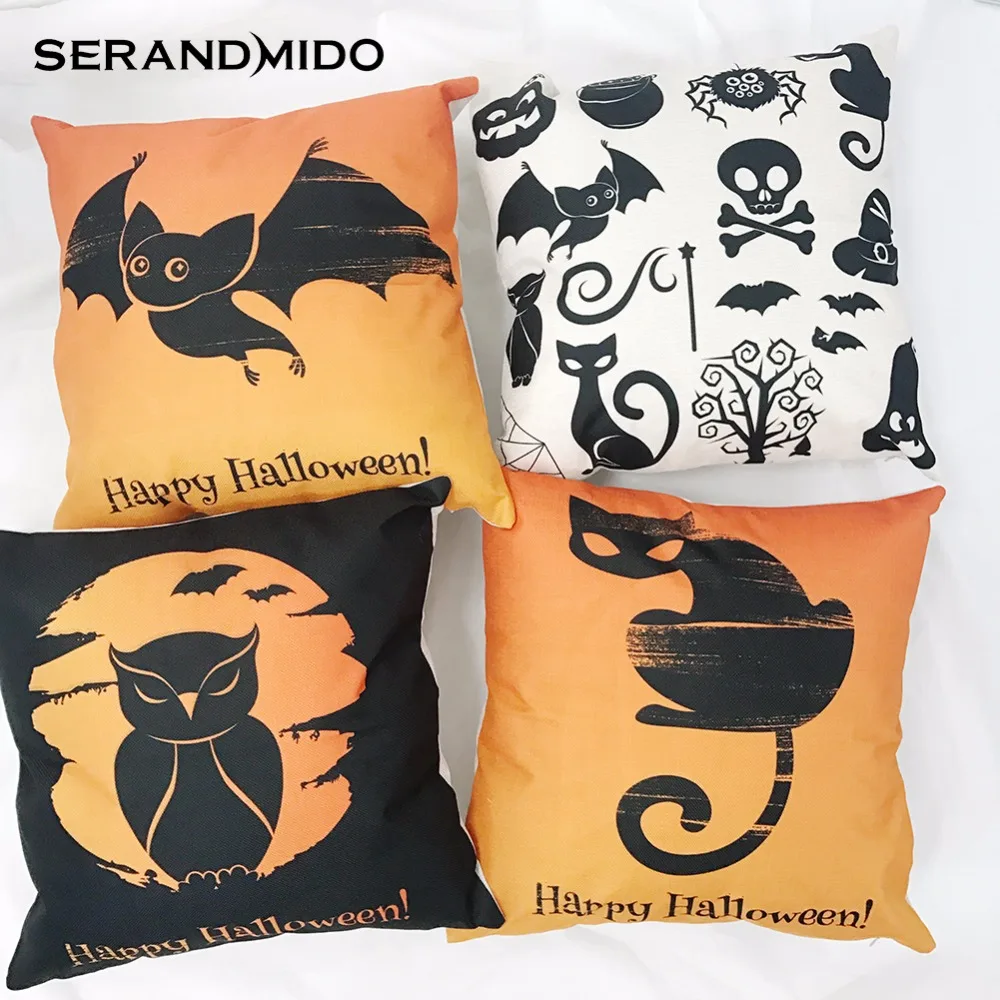Halloween Cushion Covers Pumpkin Printing 45cm Orange Cotton Linen