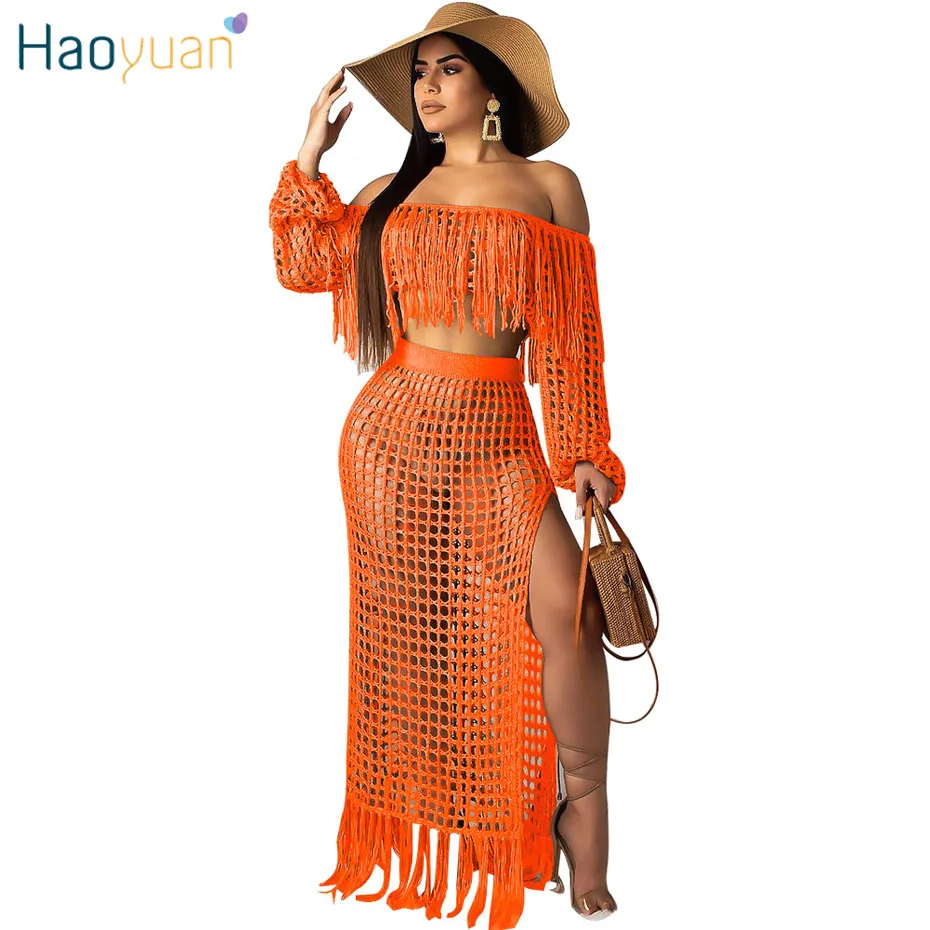 

HAOYUAN Plus Size Fishnet Tassel Knit Two Piece Matching Sets Off Shoulder Crop Top+Maxi Skirt Summer Beach Outfits for Women