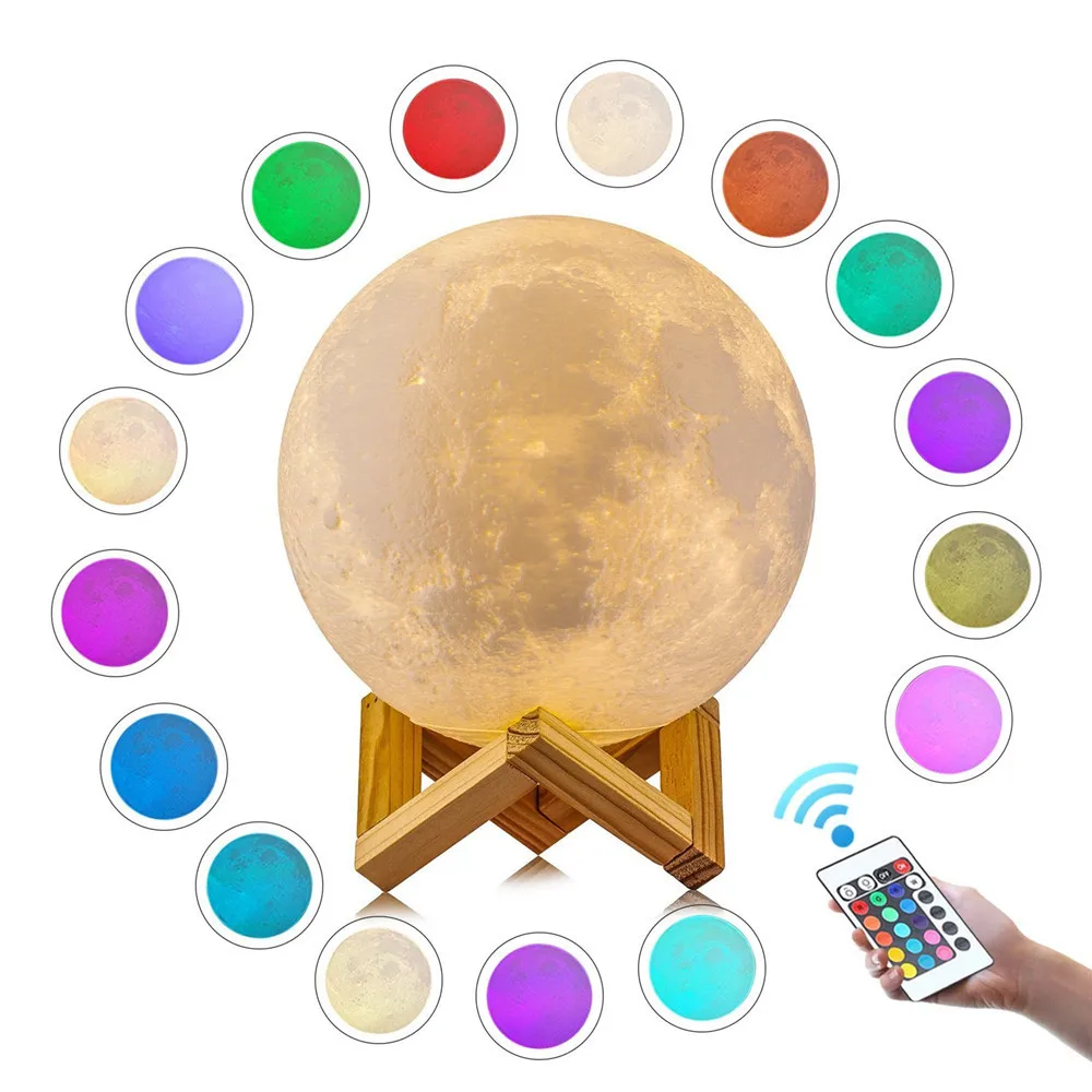 3D печать Луны ночник с деревянной подставке 2/16 видов цветов, сенсорный выключатель/дистанционного Управление