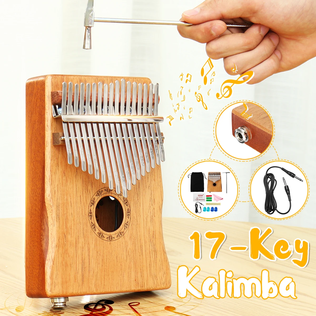 17 Key EQ Kalimba Thumb Piano w/Tuner Hammer African Traditional Electric Pickup Keyboard Body Musi