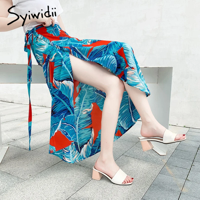 

2019 Vacation Bohemian Chiffon Wrap Skirts High Waist Tropical Print Skirts Womens Boho Asymmetrical Maxi Long Beach Blue Skirt