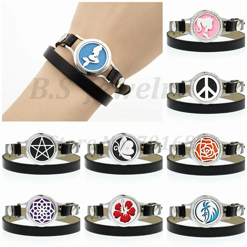 

Pretty Mermaid 25mm aromatherapy Locket plain/with crystals PU Leather bracelets Essential Oil Diffuser Locket Bracelet(10Pads)