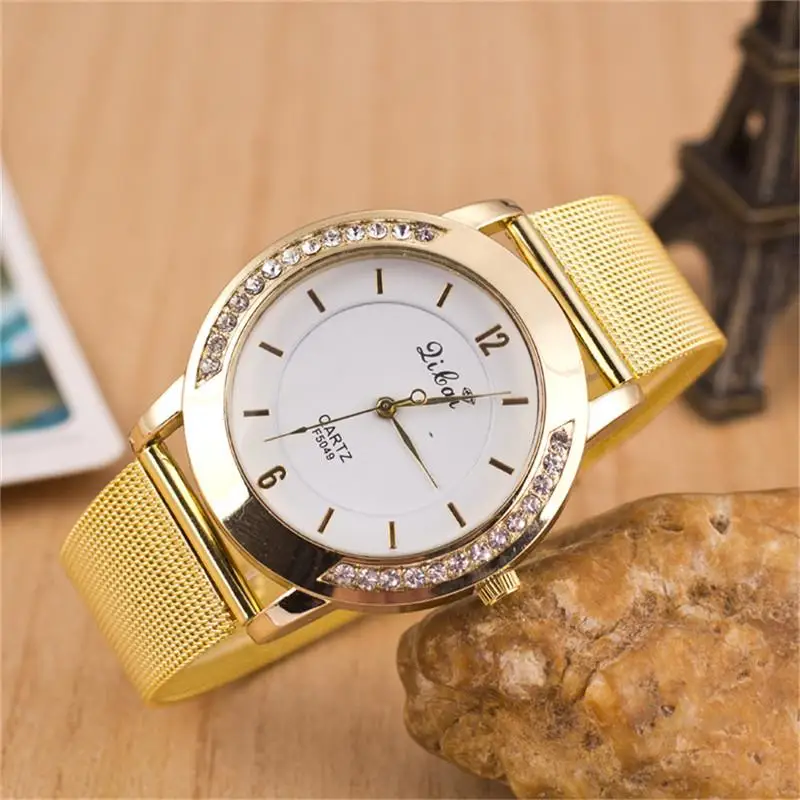 

Simple Gold Alloy Mesh Band Crystal Round Dial Analog Quartz Wrist Watch Men Womens