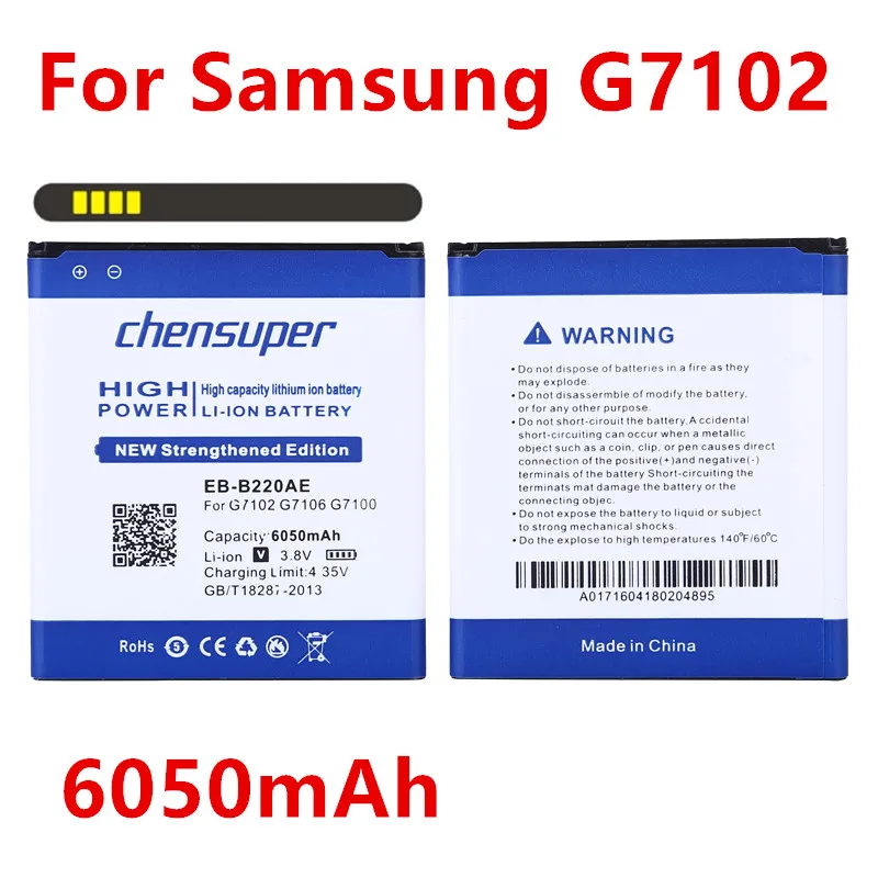 Новый аккумулятор для телефона 6050 мАч Samsung Galaxy Grand2 G7108 G7102 G7109 I9295 i9507V EB B220AC G7106 Grand