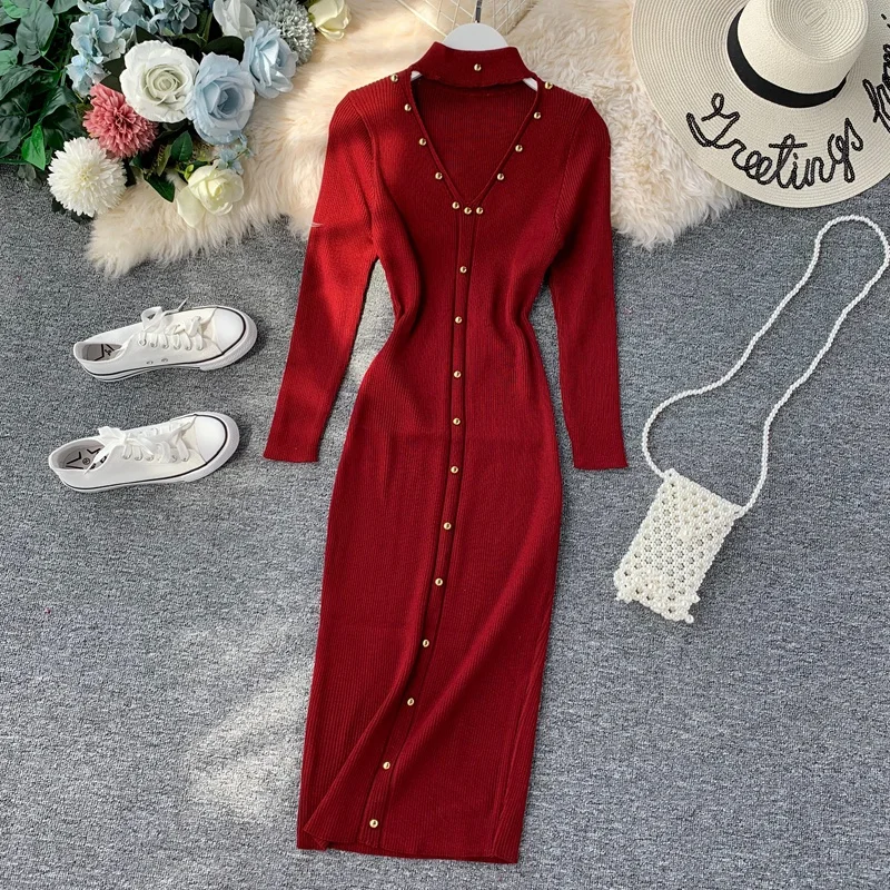 

Vintage Slim Halter Neck Hollow Out Autumn Winter Bodycon Knit Sweater Midi Long Dress Party Women Casual Long Sleeve Vestidos