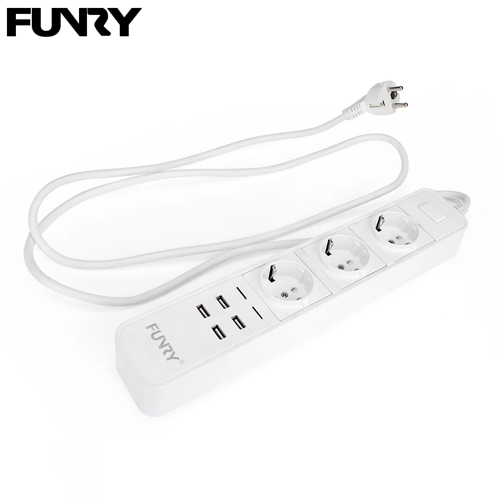 

Funry C723 EU Multi-function Portable Socket Outlet 250V 16A 4000W Power Strip With 3 Jack 4 USB 2.4A Interface Fast Charging