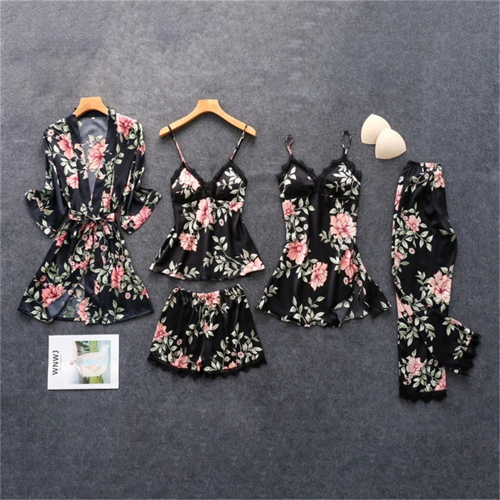 Women's Beautiful Floral Print Silk Pajamas Black 