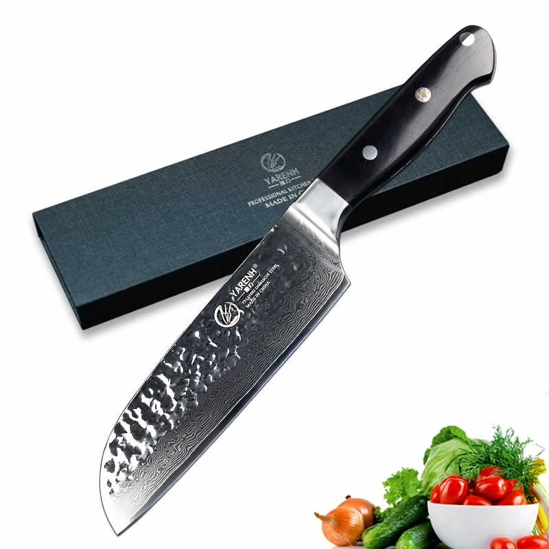 YARENH 7 дюймов нож Santoku лучший VG10 кухонный нож из дамасской стали с черной ручкой нож для овощей лучшие кухонные ножи