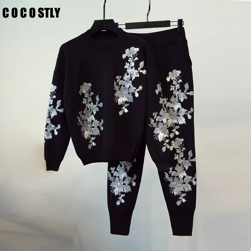 

2 Piece Set Women Tracksuit Knitted Set gold silver Flower sequined Sets Sweater+Pant Embroidery matching sets